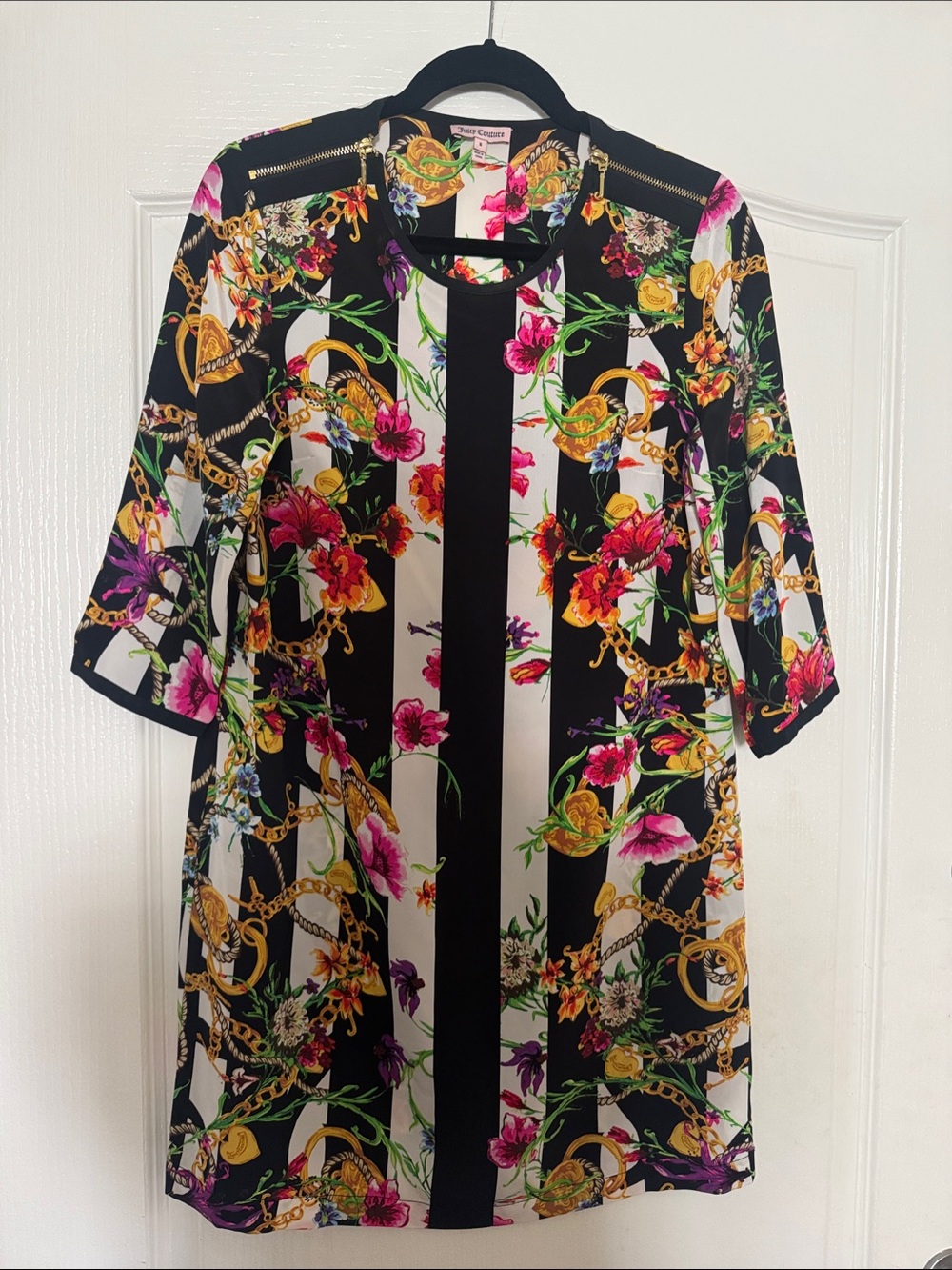 Juicy Couture Black & White Striped Floral Chain Print Dress